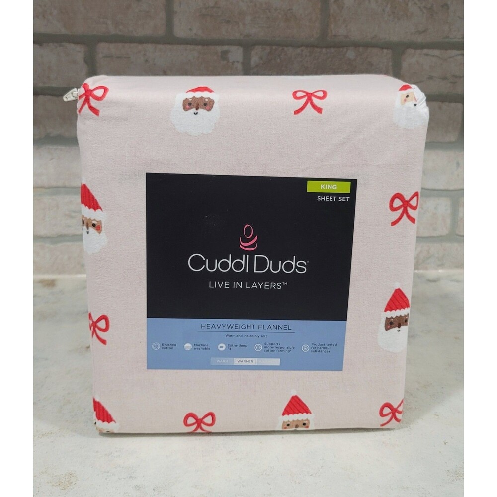 Cuddl Duds Santa Heads Heavyweight Cotton Flannel 4pc KING Sheet Set Deep Fit - Picture 3 of 7